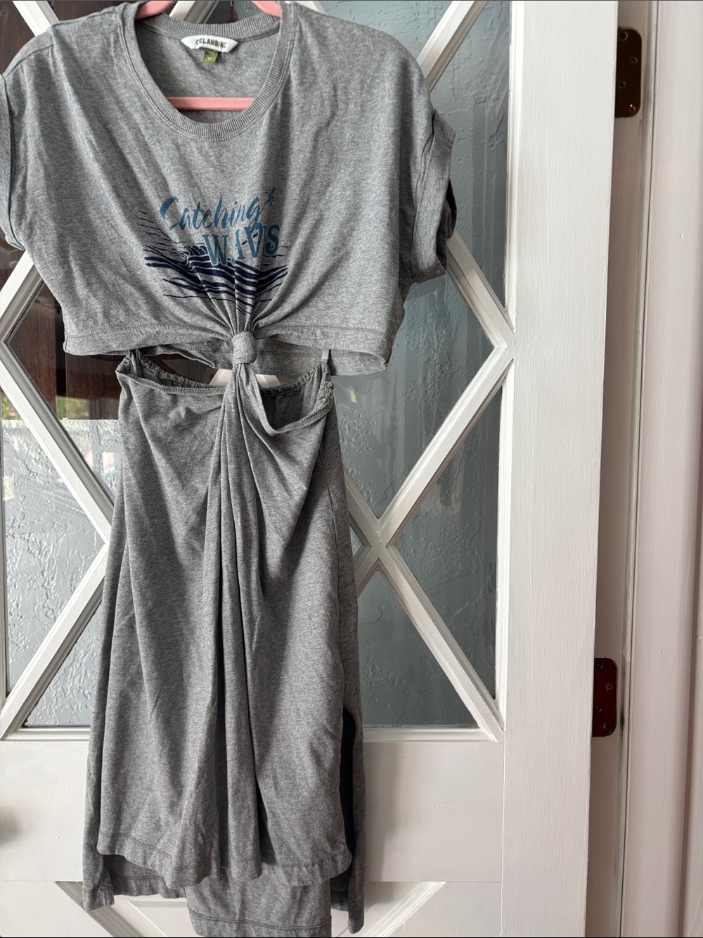 Anthropologie ( celandine) Gray Knotted Cut-Out Maxi Dress with Wave Graphic